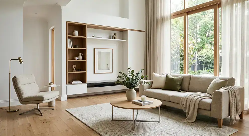 Elegáns és modern nappali természetes fénnyel